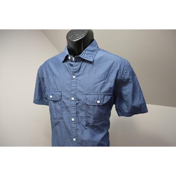 Express Dress Shirt Fitted Blue Military Button Up Short Sleeve Mens Sz Large - Picture 1 of 11